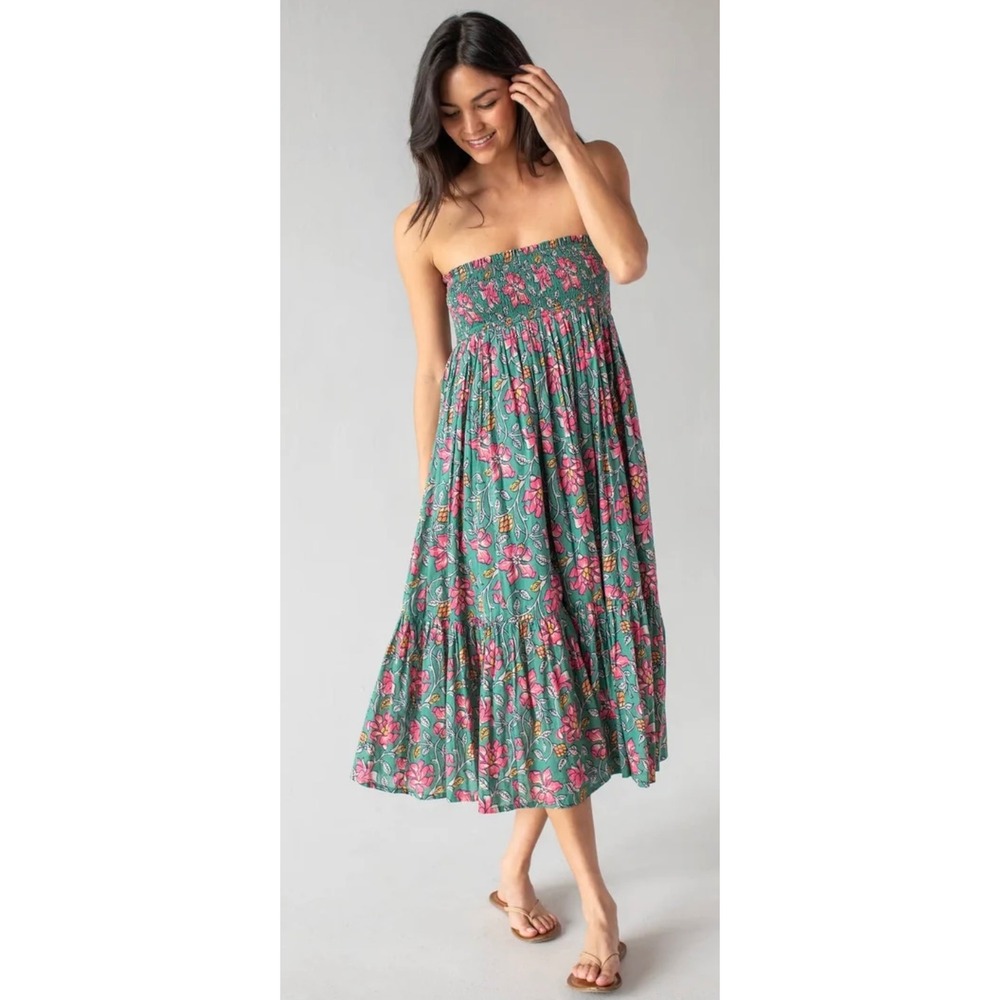 Natural Life Size Small Flora Convertible Midi Dress Maxi Skirt Teal Pink Lilies